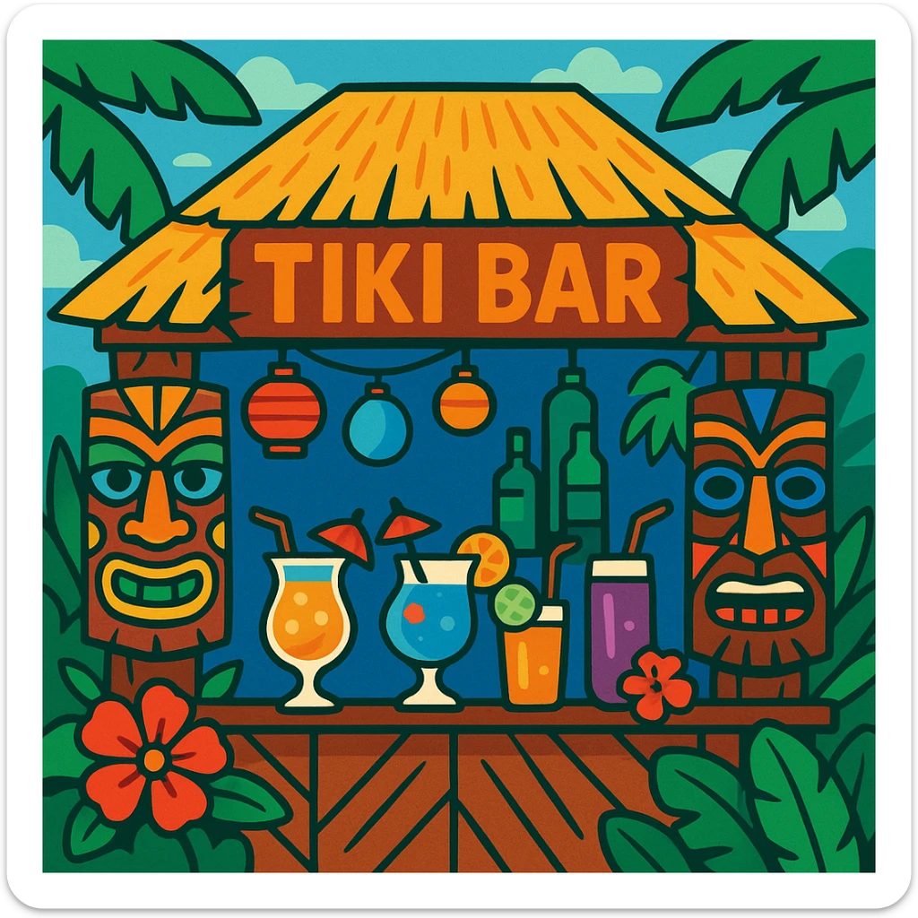 a tiki bar with Hawaiian motifs, wooden masks, and colorful drinks sticker