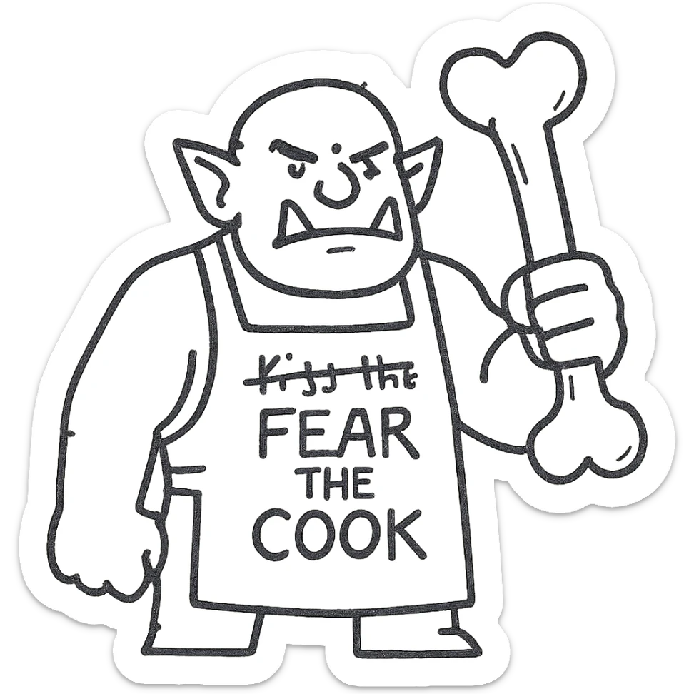 An orc wearing an apron with the text "Kiss the Cook" scratched out and replaced with "Fear the Cook", featuring a giant rib bone as a weapon sticker