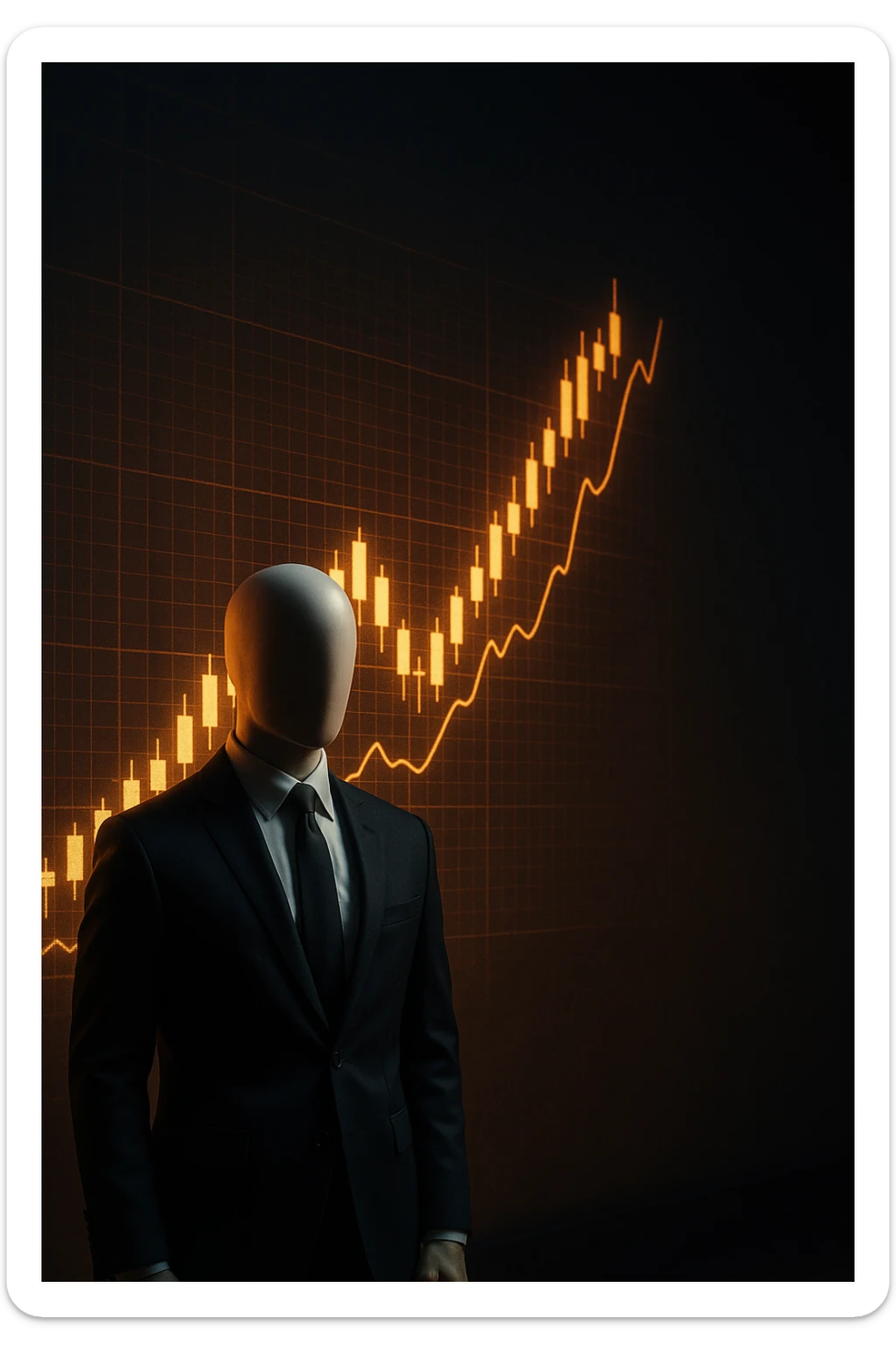 Cinematic 3D render of a faceless mannequin in a suit, standing in front of a giant glowing stock market graph (candlesticks, charts). Large empty wall space on the right for text overlay. Dramatic lighting, deep contrast, epic finance atmosphere. sticker