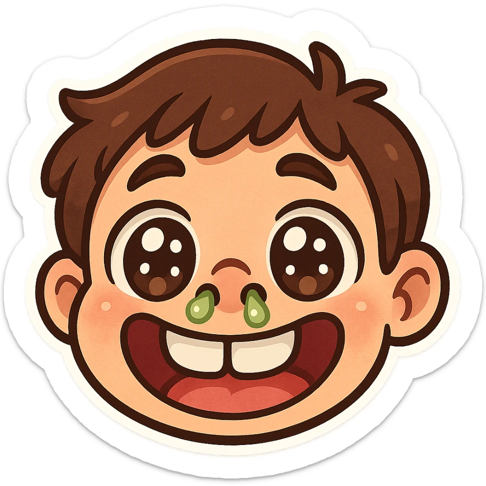 cartoon face with big eyes, big nostrils with visible boogers, big smile showing buck teeth, fun exaggerated style sticker