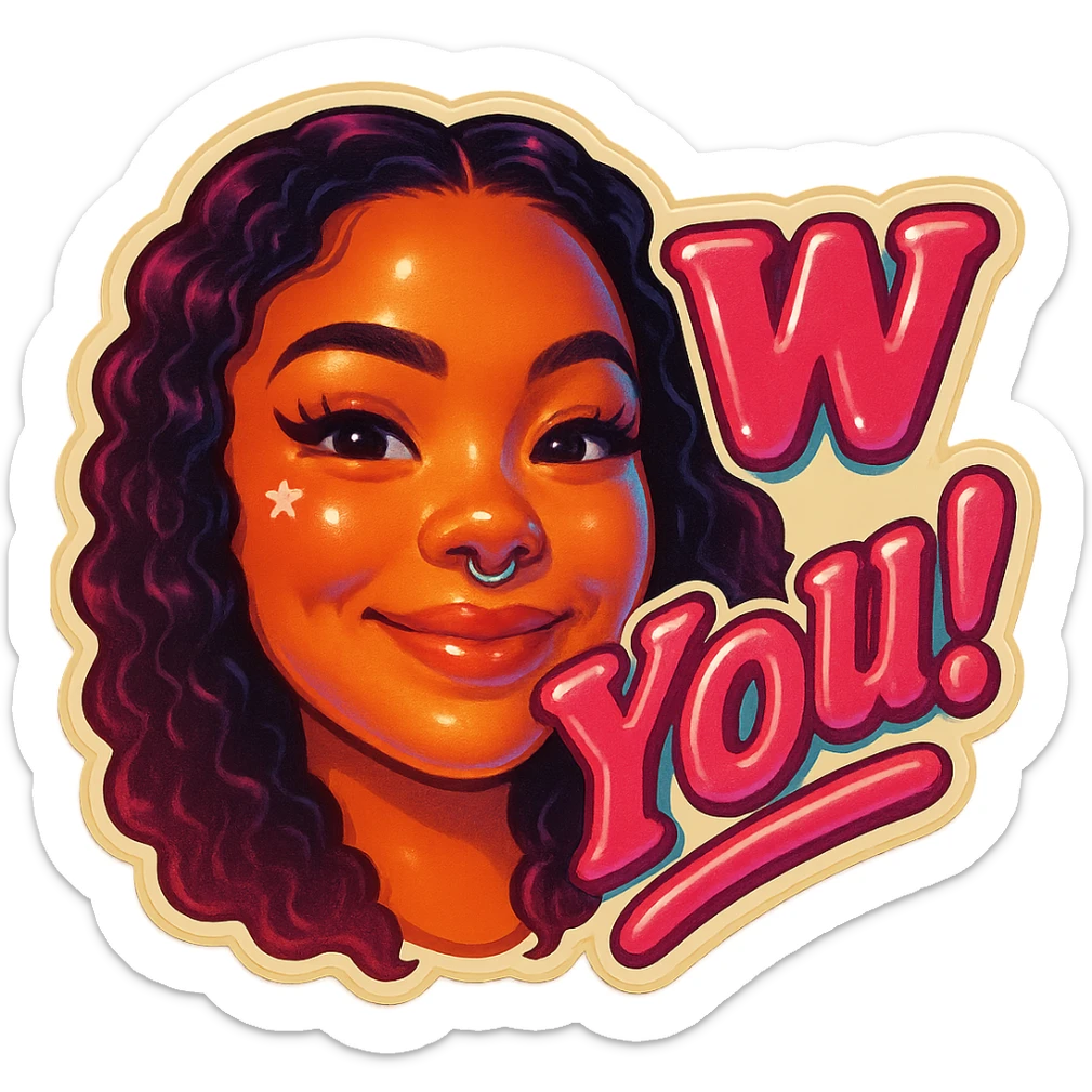 excited smile with mouth closed add the words W You! in pink sticker