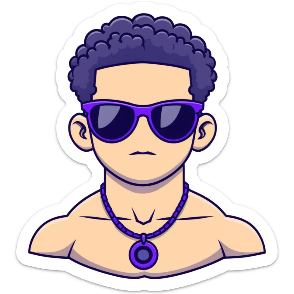 shirtless male athlete with white skin and moderately curly black hair on top with shaved sides, wearing purple sunglasses with black tinted lenses and a shiny black necklace sticker