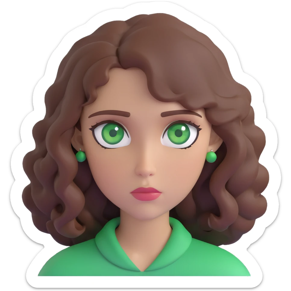 sad woman with brown wavy hair and green eyes sticker