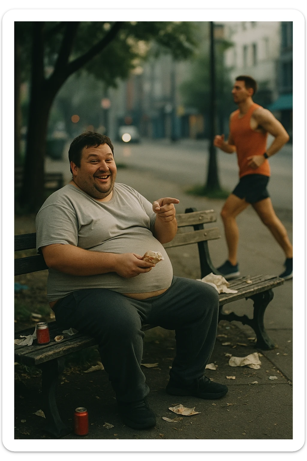 A cinematic urban scene showing an overweight man in his late 30s sitting on a park bench, with a fast food wrapper in one hand and a smirk on his face. He points mockingly toward a fit, athletic person jogging nearby. The man is wearing casual clothes that barely fit — a stretched-out T-shirt and sweatpants — and his posture is slouched. His expression is sarcastic, laughing, but there’s a subtle shadow of insecurity in his eyes. The contrast is clear: the jogger is framed in soft morning light, moving with energy and purpose, while the man on the bench is surrounded by clutter, soda cans, and dim, flat lighting. Shot in 35mm cinematic style, shallow depth of field, with muted tones around the man and vibrant light around the jogger — emphasizing the disconnect between appearance and attitude. sticker