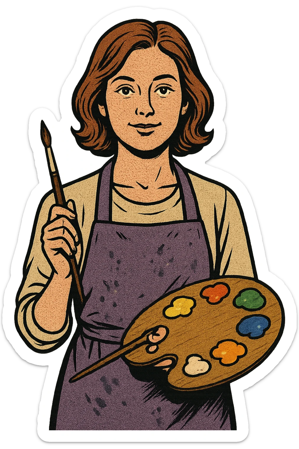Serene female oil painter, Caucasian features, shoulder-length auburn hair, soft brown eyes, gentle smile, wearing a violet painter’s apron lightly stained with paint over a beige blouse, holding a wooden palette with vibrant colors in one hand and a brush in the other, waist-up, front-facing sticker