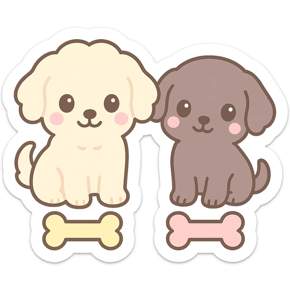 Add cute bone treats in front of both dogs, matching the kawaii style, with a transparent background. sticker