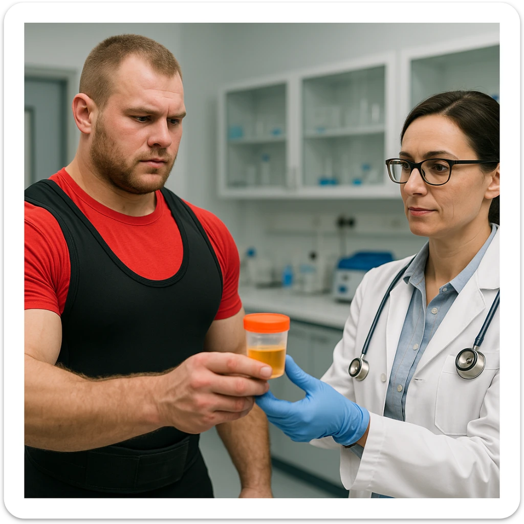 European powerlifter in competition clothing handing over a sample for anti-doping test to a doctor, control atmosphere, realistic details, laboratory background. sticker