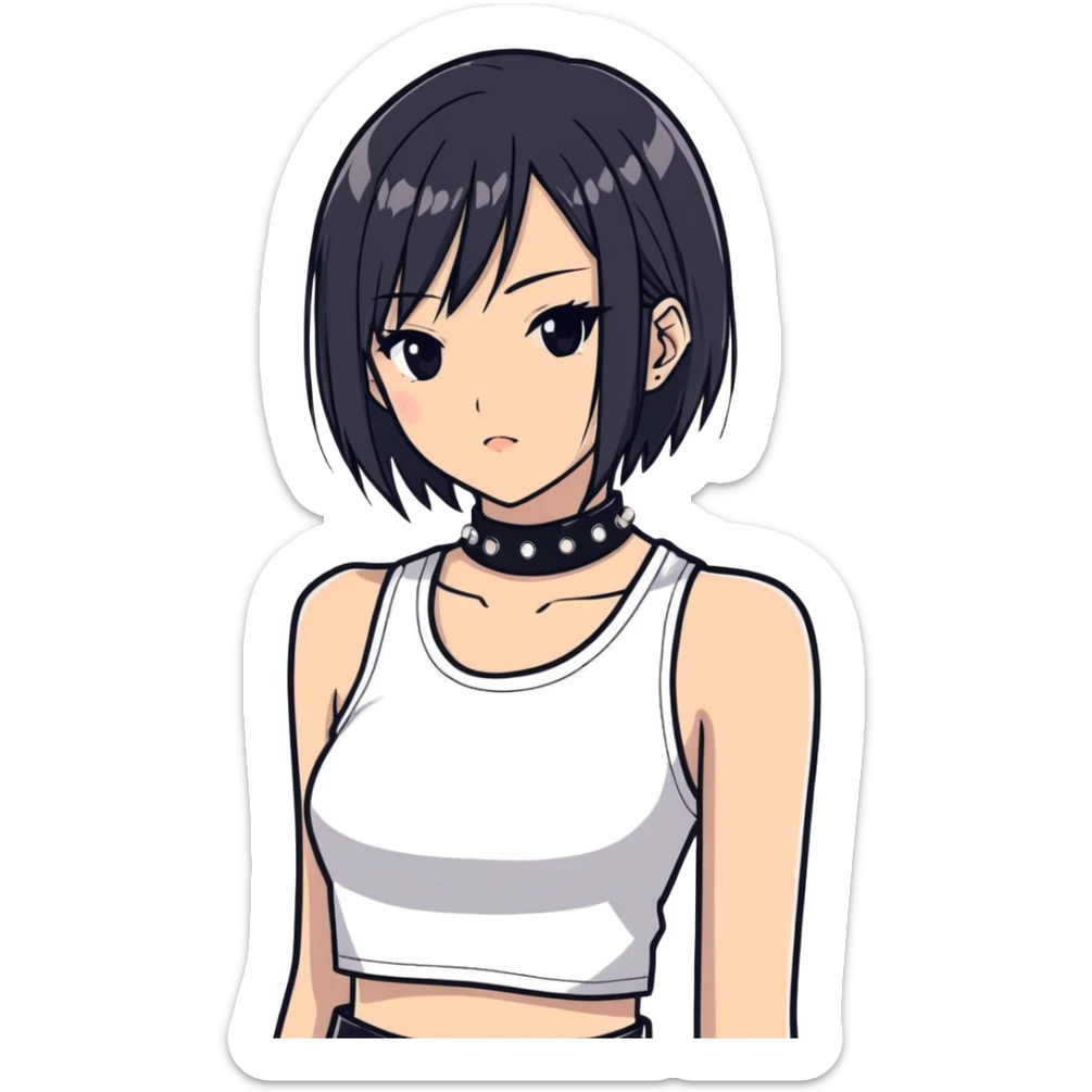 A asian girl with Black eyes and black straight hair with a bob with a black spiked chocker with white tank top with a black leather jacket on in anime style sticker