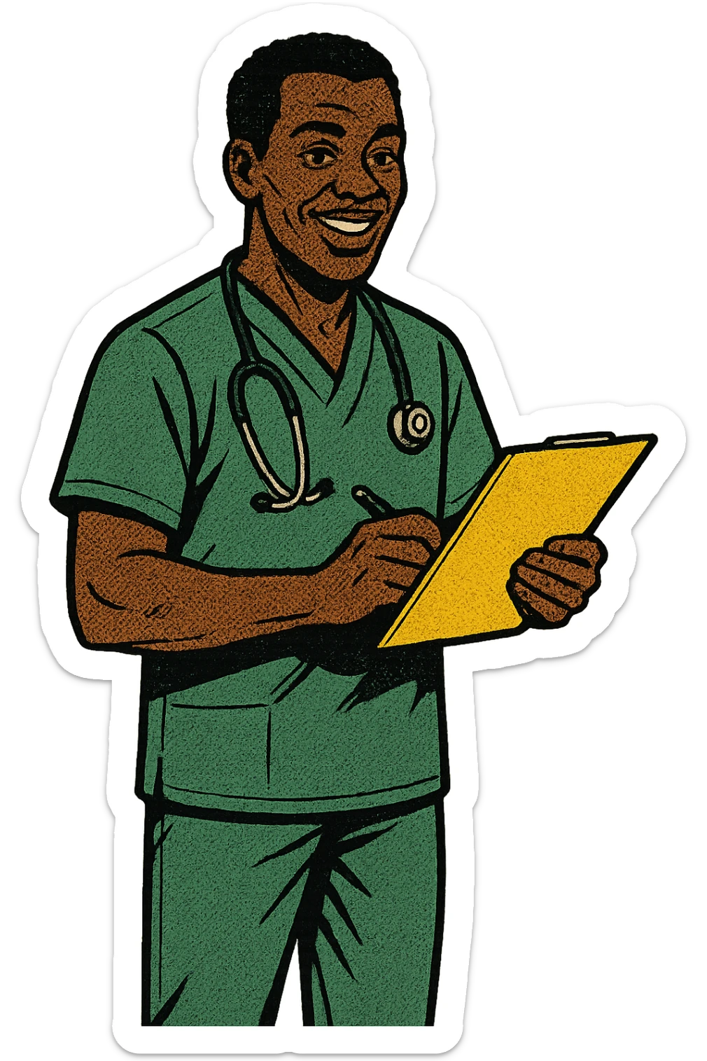 A full body image of a caring black male nurse with a stethoscope holding a note pad sticker