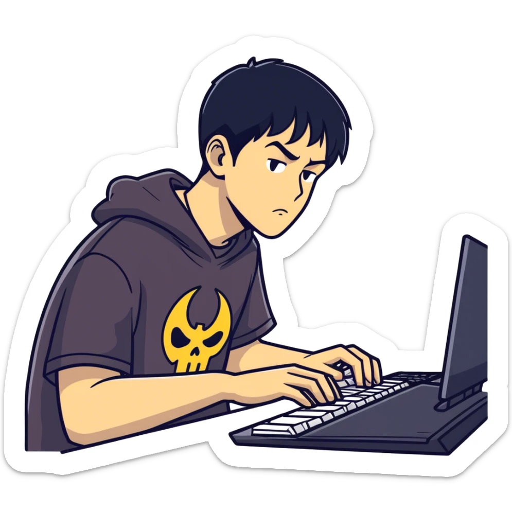 Cool boy with tan skin and black hair, playing PC video games and wearing a Ghostface T-shirt sticker