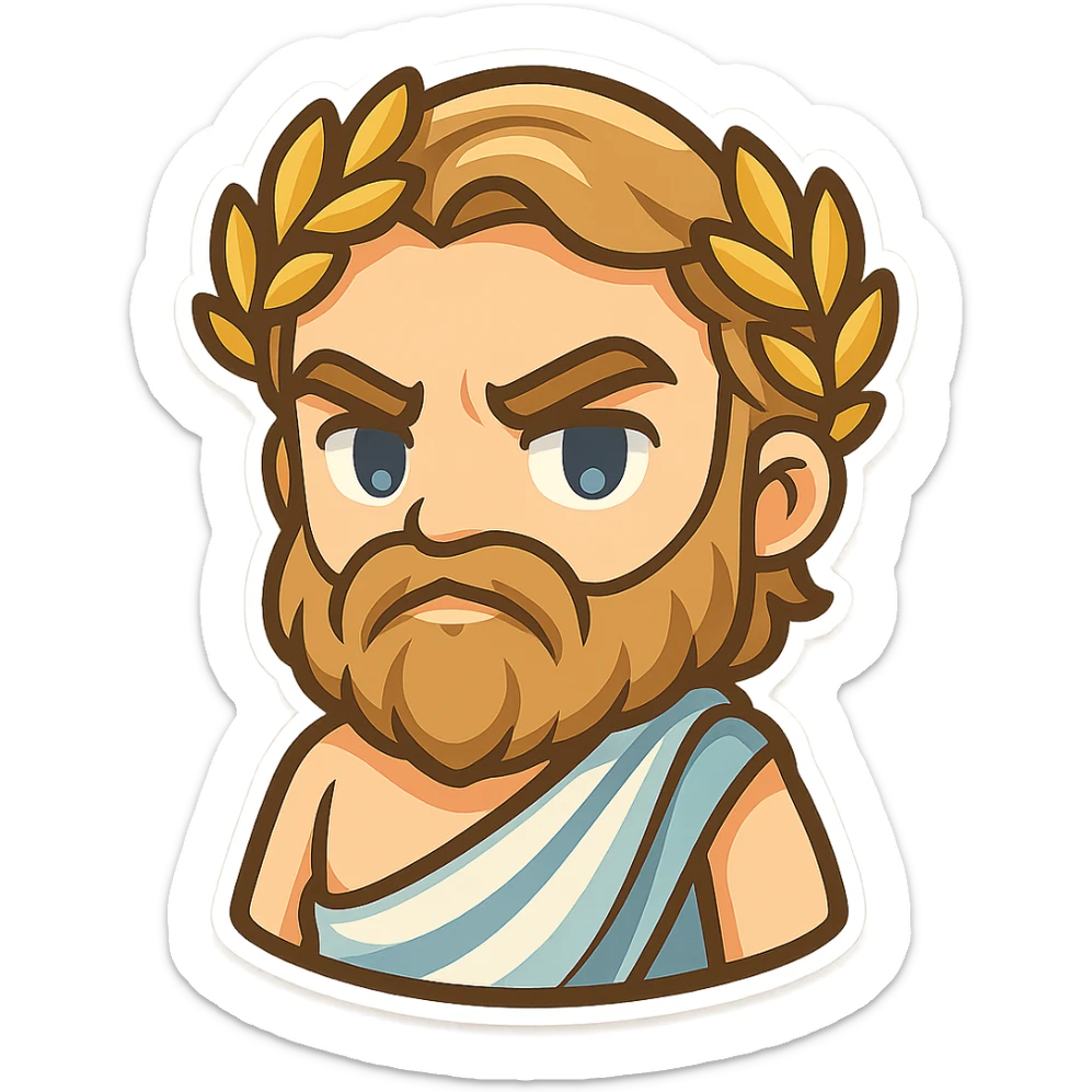 bearded man with laurel wreath, Greek god vibe, modern and bold, gold and blue tones, suitable for Discord emoji sticker