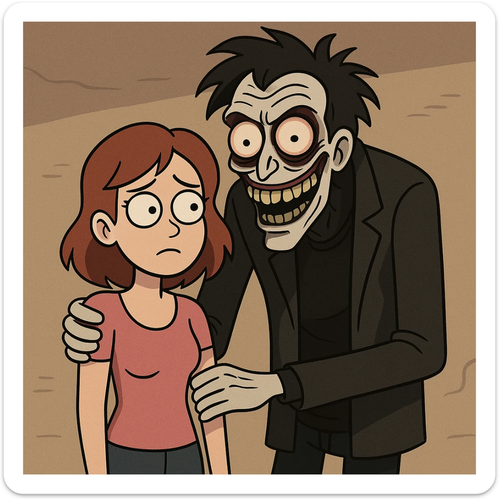 cartoon style girl with boyfriend, creepy and exaggerated, dark tones sticker