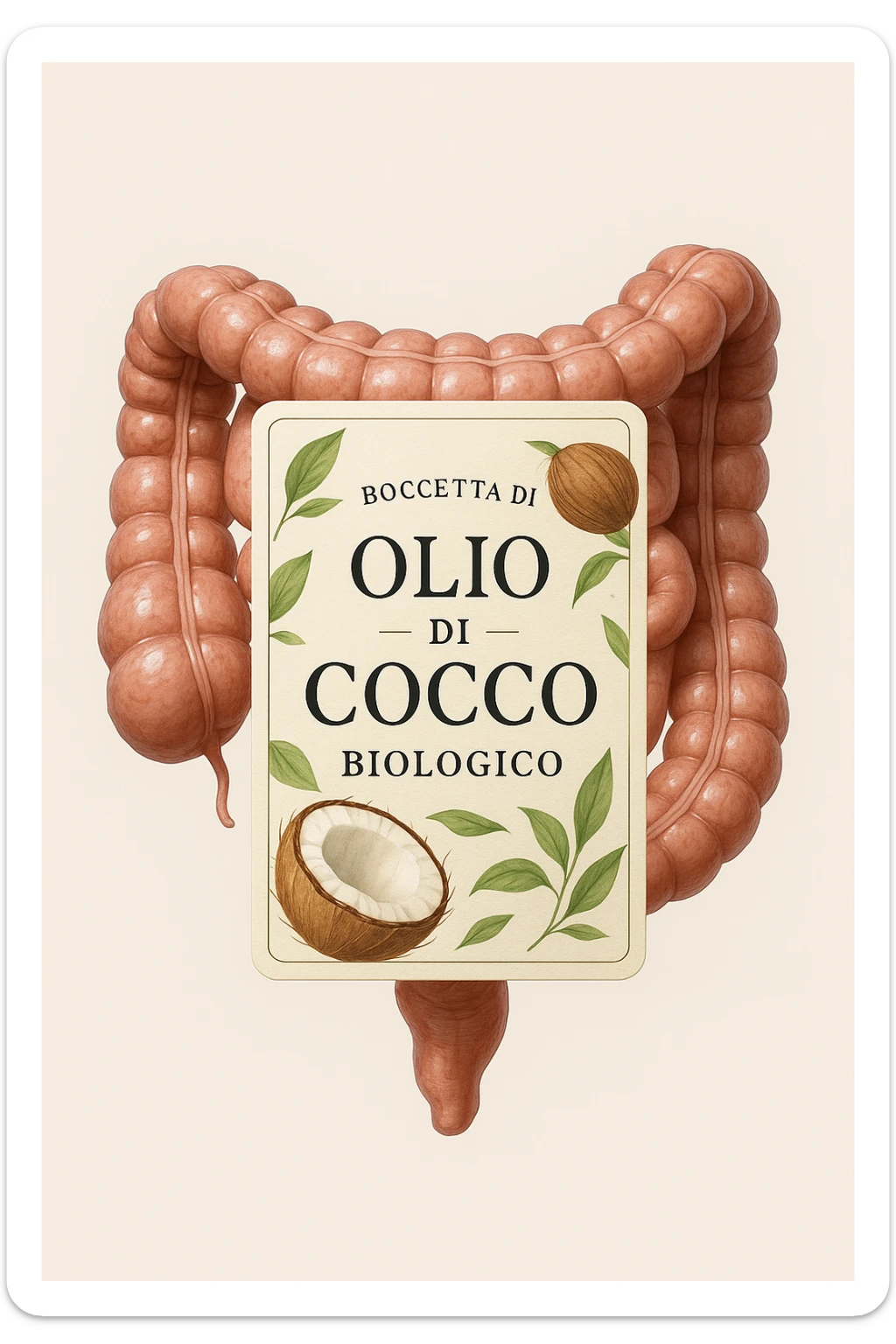 BOCCETTA DI OLIO DI COCCO BIOLOGICO (FAI UN ETICHETTA SUL PRODOTTO IN ITALIANO) CHE FLUTTUA IN ARIA DAVANTI A UN INTESTINO UMANO ANATOMICO IN PERFETTA SALUTE, SFONDO CHIARO, iperrealistico 4k sticker