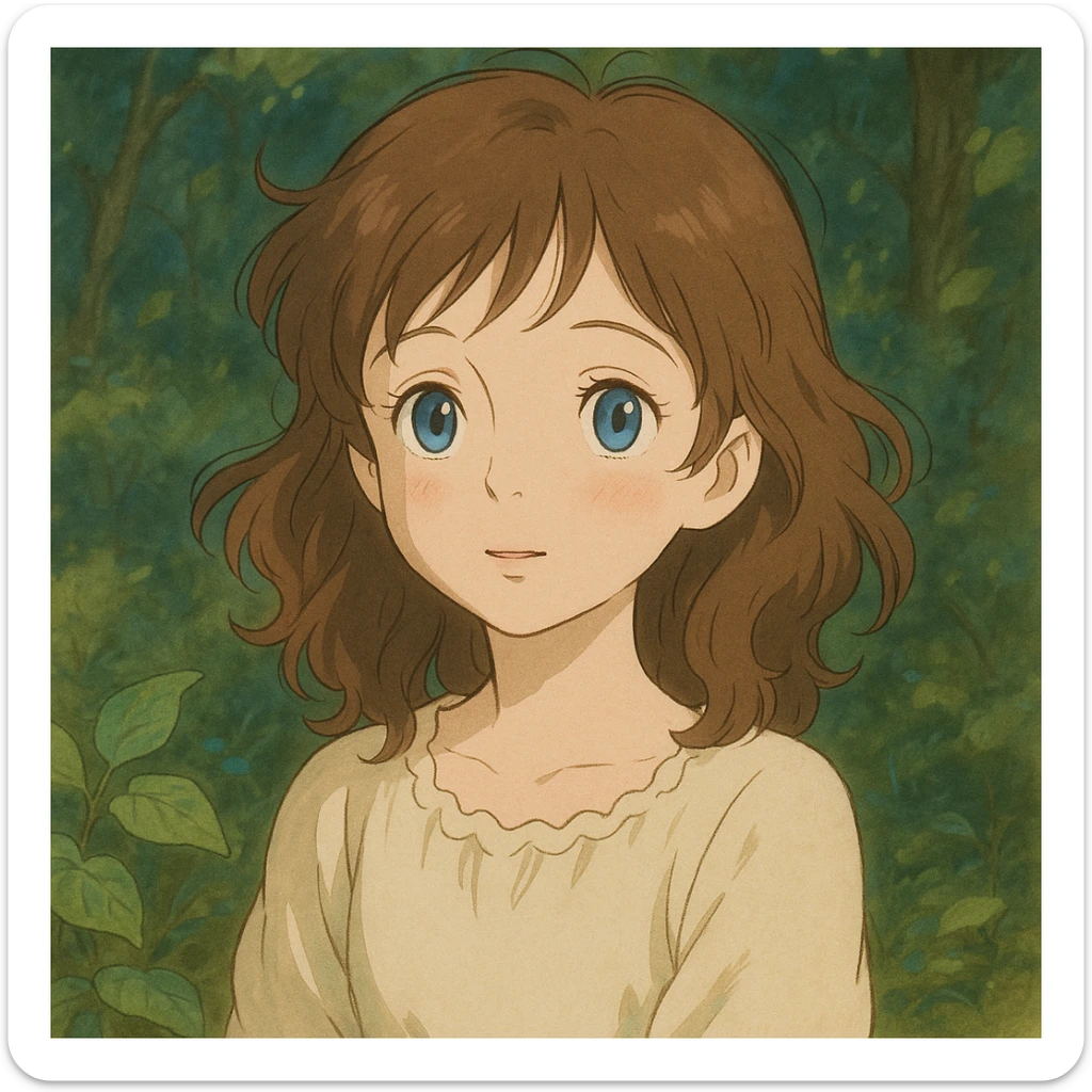 cute white girl with brown hair and blue eyes, ghibli-inspired style, delicate and whimsical expression sticker