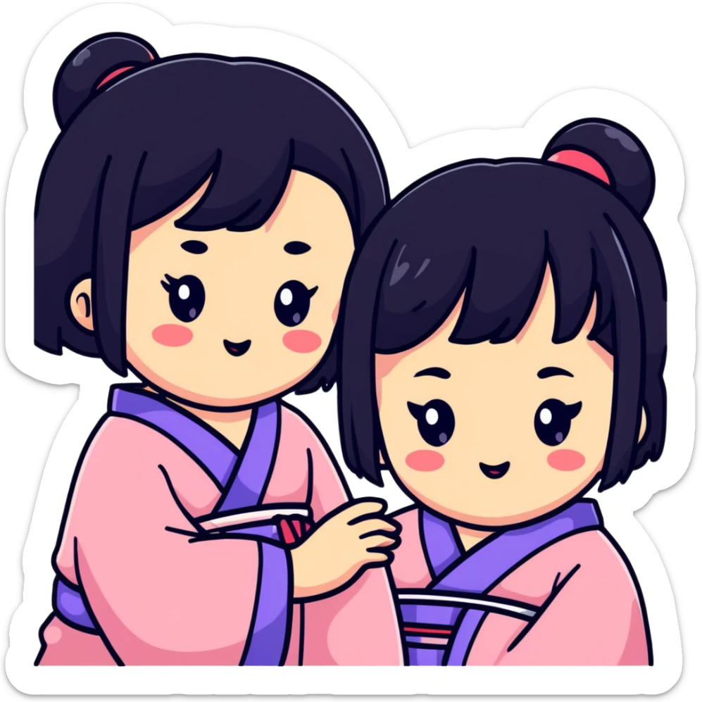 Two adorable Japanese girls with black hair and Asian features, their cheeks touching, kawaii style sticker