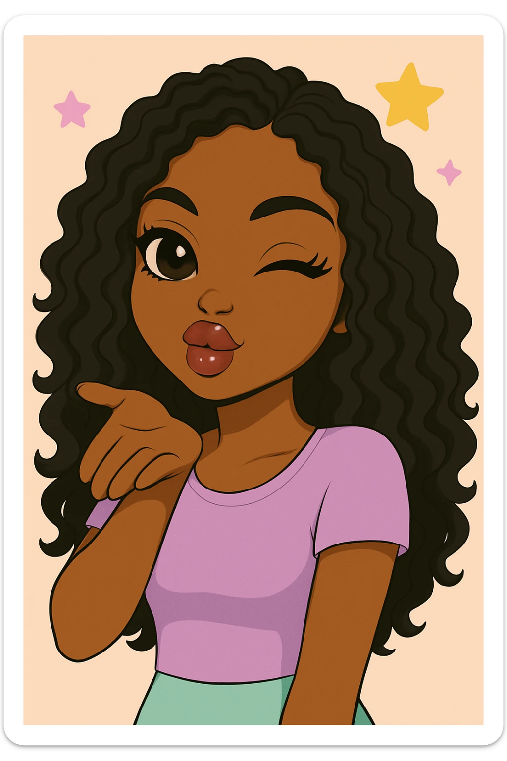 Headshot of a 20-year-old anime Bratz style woman with dark skin, curly hair, winking and blowing a kiss, cute pastel Y2K look, big expressive eyes, glossy lips, happy expression, no hat, no tears. sticker