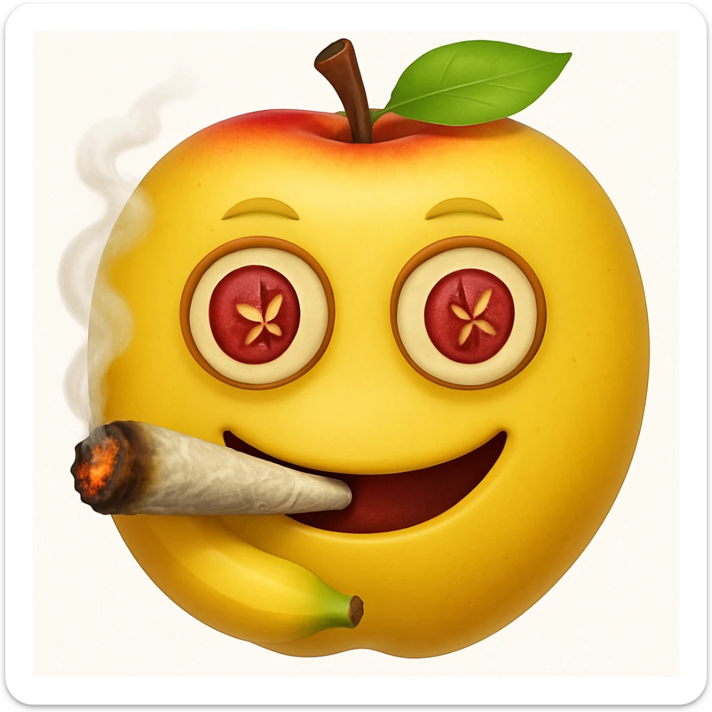 Add a cartoon joint with smoke to the smiley face made of apples as eyes and a banana as the mouth. Make it look like the face is smoking weed, keep the emoji style. sticker