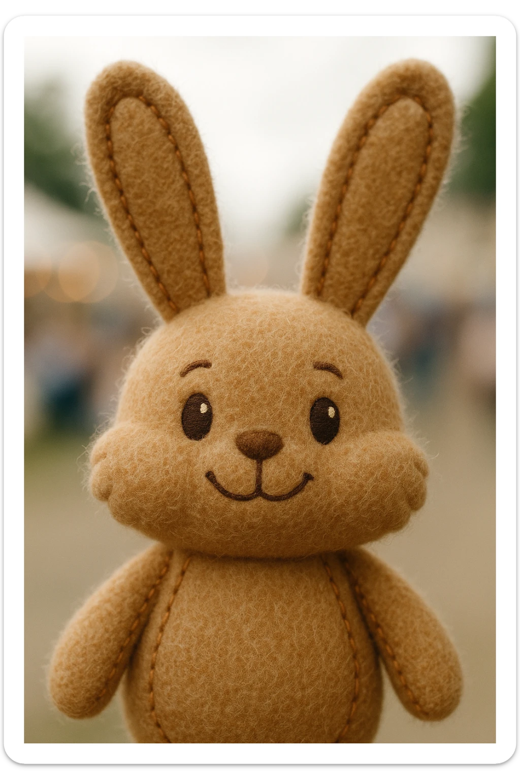 plush portrait of a happy bunny with long ears, fluffy cheeks, and a sweet face sticker