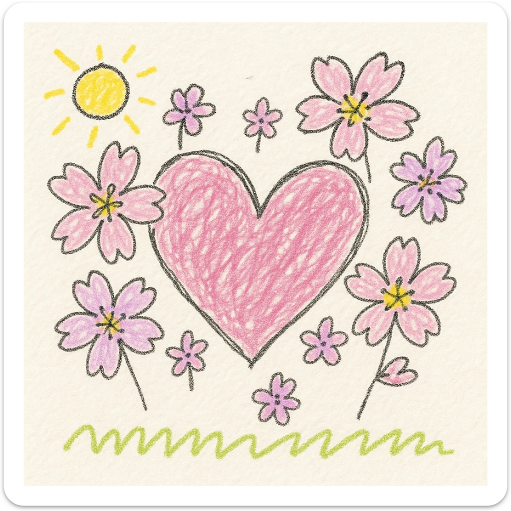 pink heart with sakura flowers, children doodle style sticker