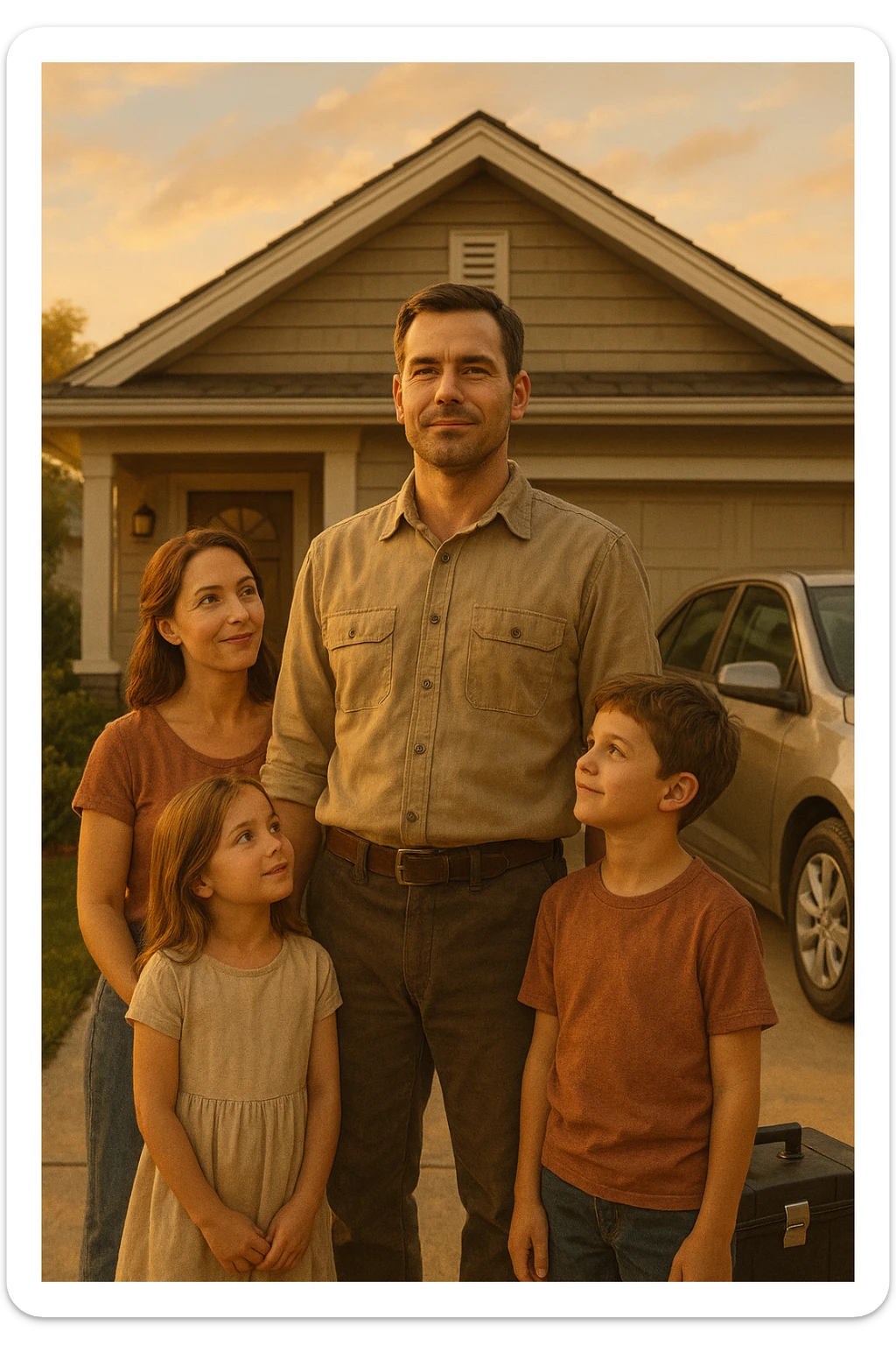 Uomo tra i 35 e i 45 anni, in piedi con postura fiera davanti alla sua casa, circondato dalla famiglia: moglie e figli lo guardano con rispetto e affetto. Indossa abiti semplici ma ordinati, simbolo di lavoro e stabilità (camicia, pantaloni, magari una cassetta degli attrezzi o una valigetta vicino). Sullo sfondo elementi che richiamano i suoi ruoli: casa ordinata, auto familiare, strumenti di lavoro, simboli di protezione e presenza. Espressione serena, forte ma accogliente. Colori caldi, luce naturale del tramonto. Stile realistico, atmosfera rassicurante e simbolica sticker