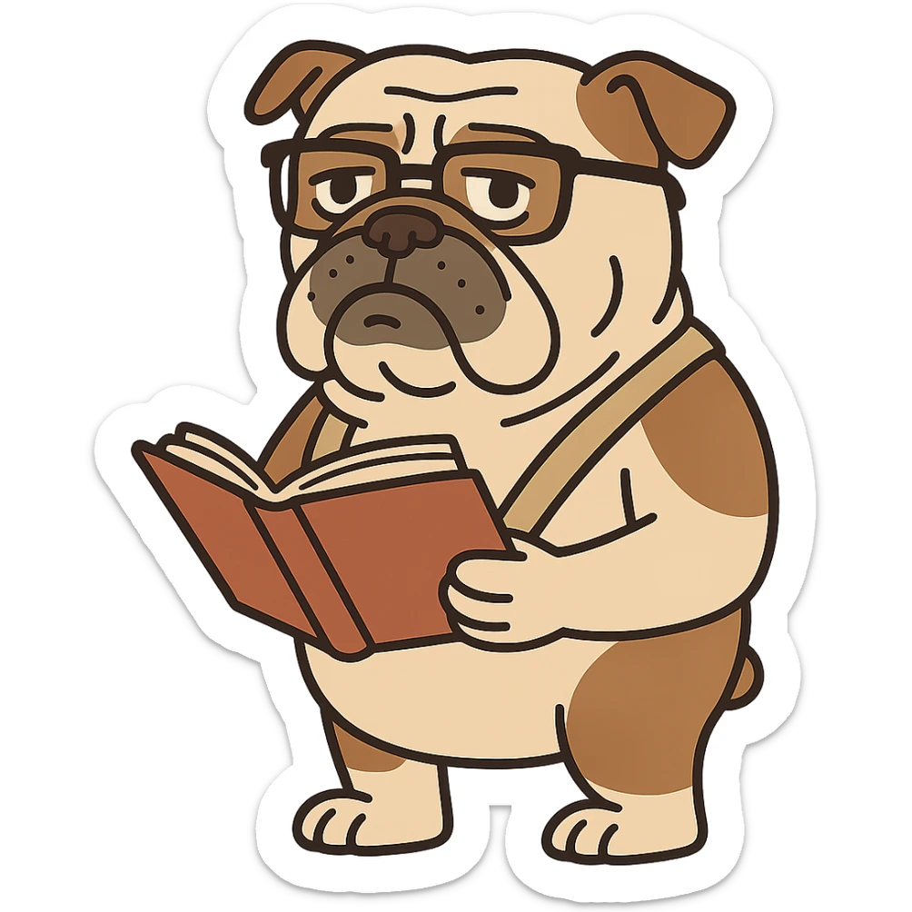 English bulldog guide wearing glasses holding a book cartoon character sticker