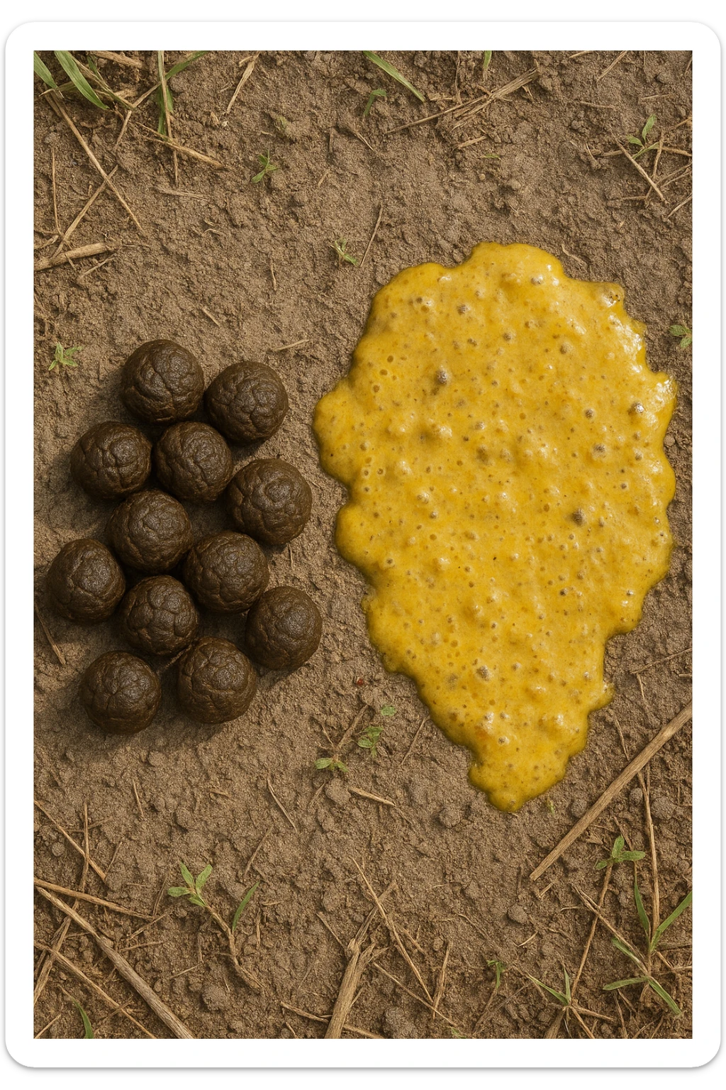 feci di animale a palline viste dall'alto e feci di animale liquide e gialline viste dall'alto, iperrealistico 4k sticker