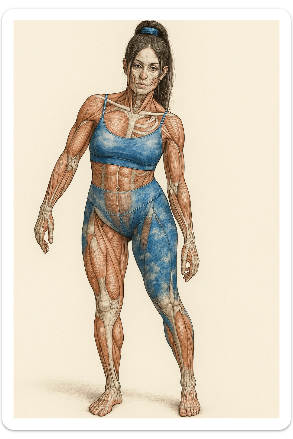 A realistic medical style illustration of a woman in sportswear with an asymmetric posture, showing visible muscles and bones, neutral background, vertical format. sticker