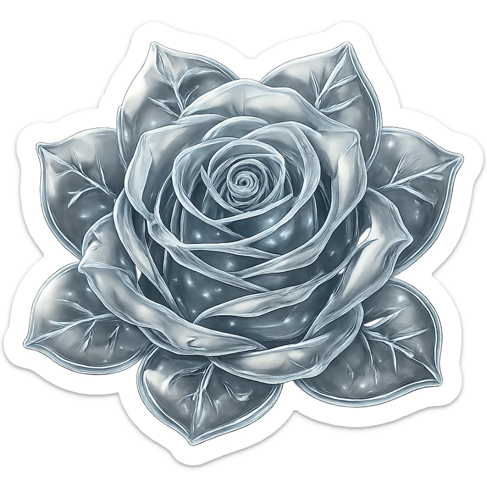 Make the blue icy rose look like glass in the style of emoji, preserving the emoji style and making it transparent and shiny like glass, with no background. sticker
