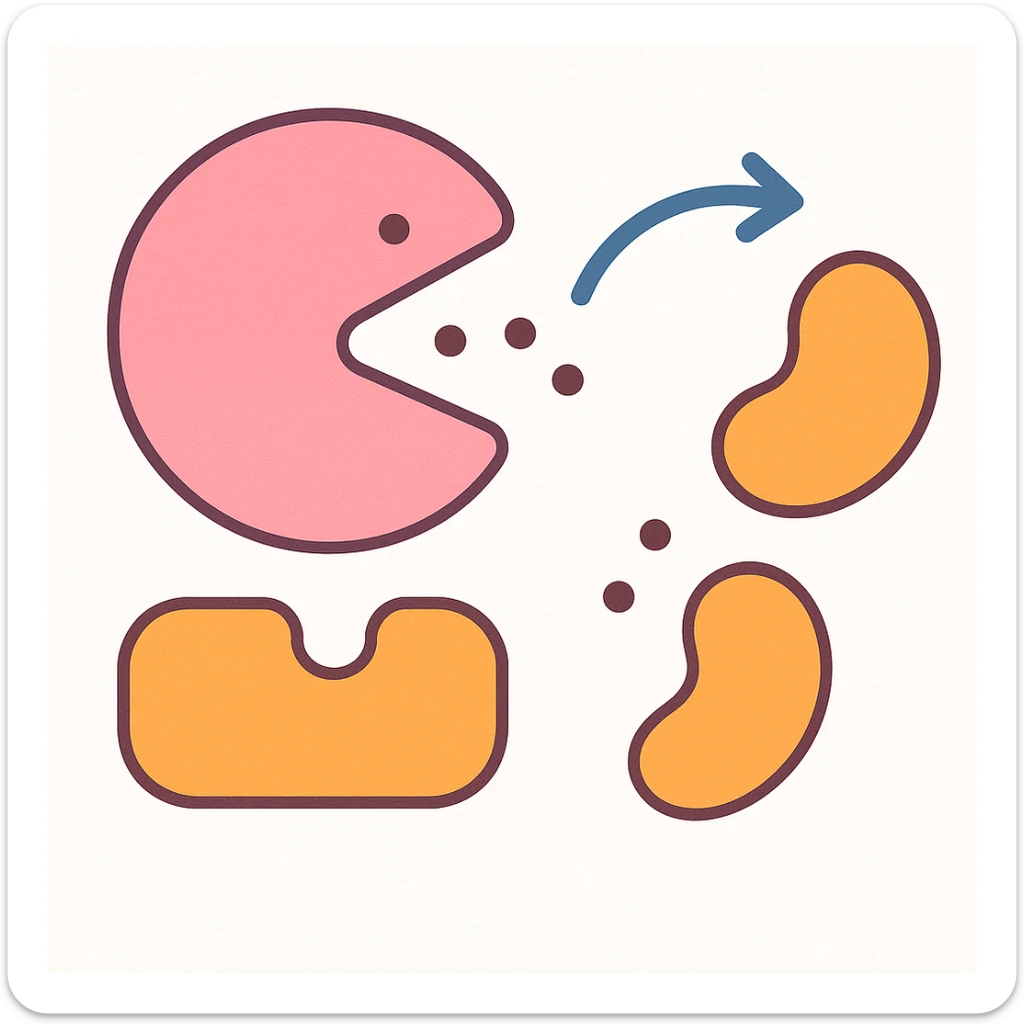 Ultra-detailed scientific illustration  (like in a school book) of enzyme digestion. Macro molecular view, clean white background, no text, no human figures or cartoon characters. Purely biological focus and really detailed sticker