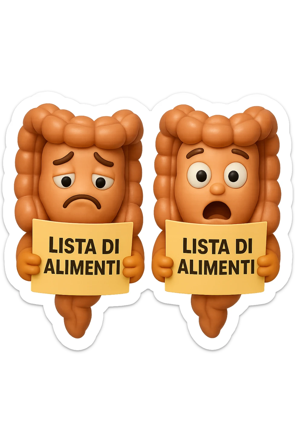 EMOJI STILE IPHONE DI UN INTESTINO CHE LEGGE UN FOGLIO CON LA SCRITTA "lista di alimenti" ed espressione triste in volto, ESPRESSIONE STUPITA IN VOLTO, IPERREALISTICO 4K sticker