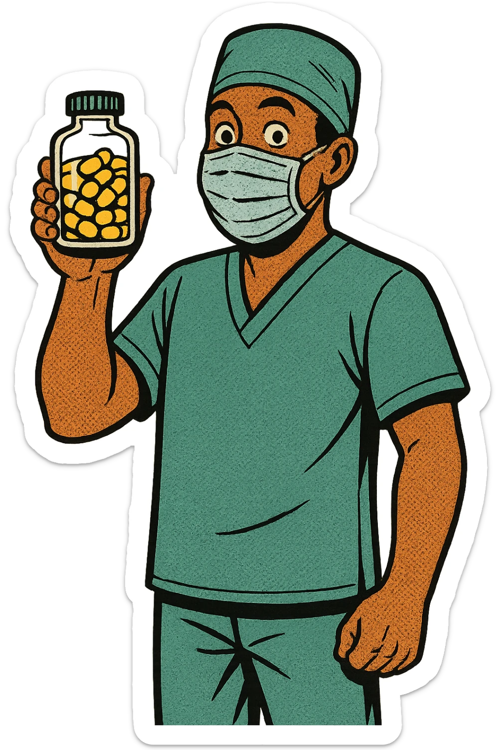 The full body of a cheerful modern black surgeon wearing a face mask holding a clear medicine bottle of pills sticker
