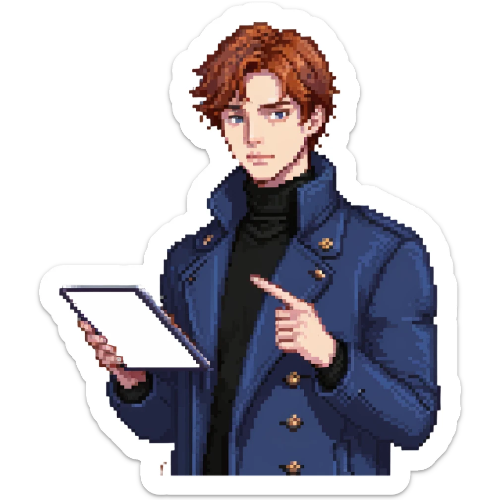 Flat pixel art, bold and charismatic male leader, Caucasian, short auburn hair, sharp eyes, indigo coat over black turtleneck, one arm raised pointing out, holding tablet, waist-up, front-facing sticker