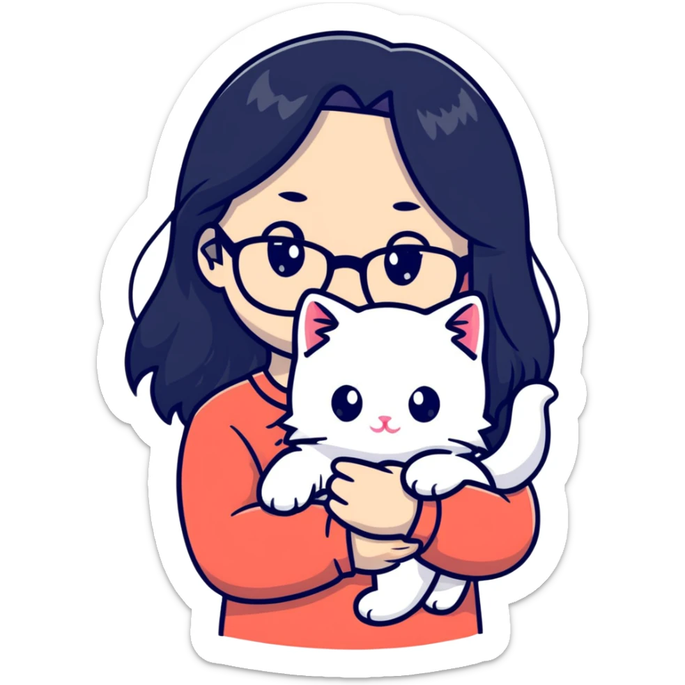 Beautiful girl with long black hair and glasses holding a white kitten sticker