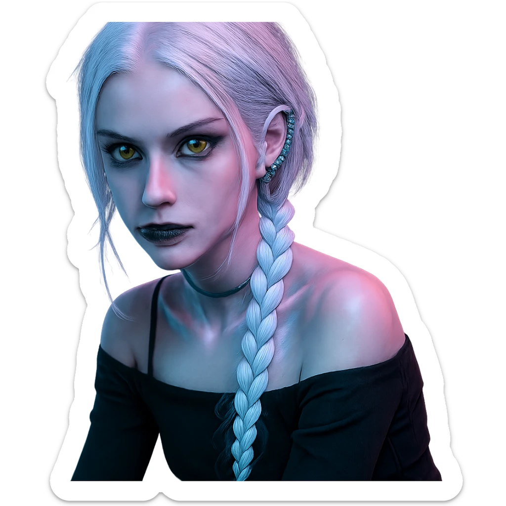 closeup portrait of young woman with gold yellow eyes, white hair in a long braid, black off-shoulder top, punk gothic style, futuristic cyberwave, sitting position sticker