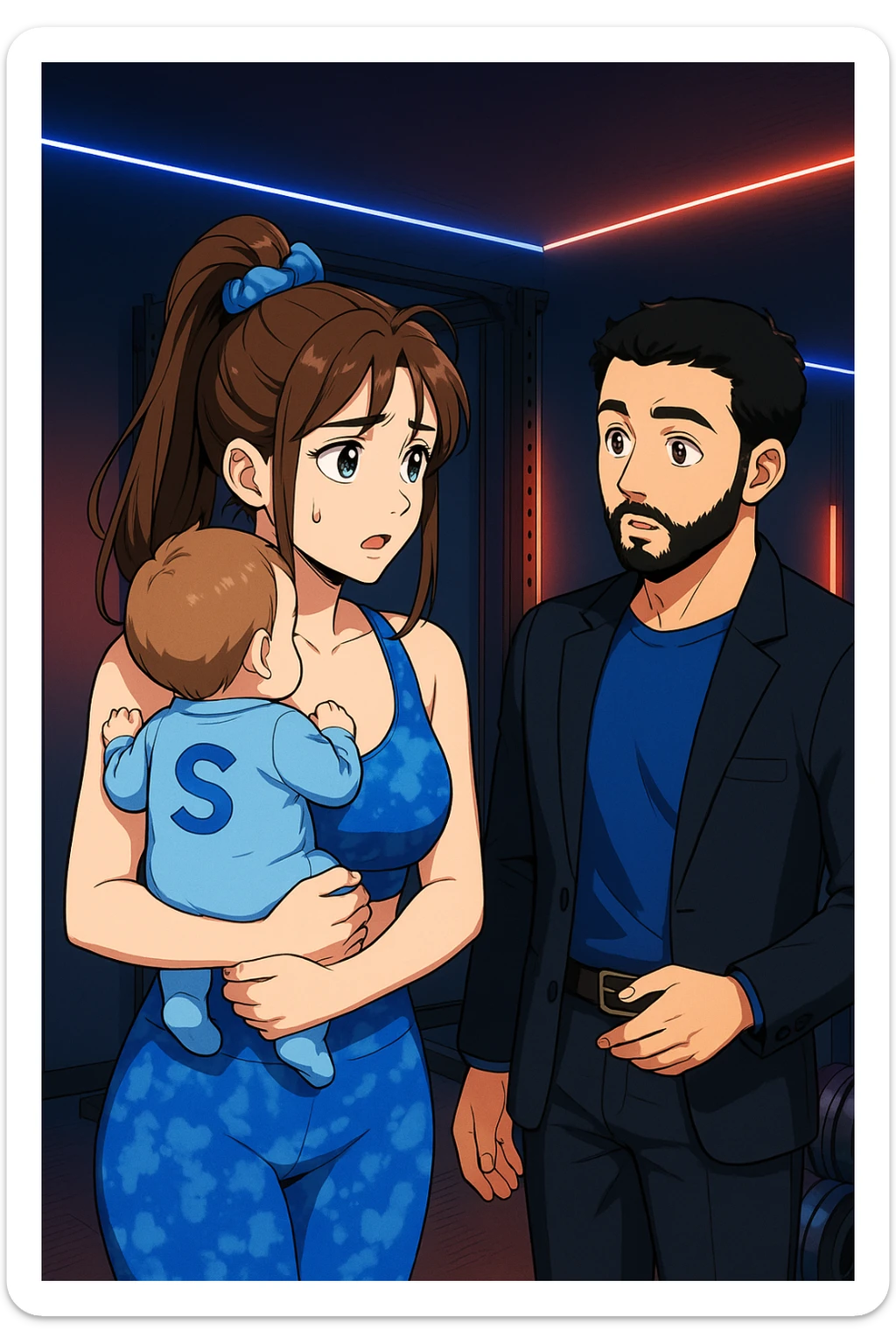 ispirati a questo stile di disegno e fai questa immagine in versione manga/webtoon a colori, il manga mostra la donna preoccupata con un neonato in braccio con una tutina azzurra e la scritta "S" sulla schiena, la donna gli sta facendo una domanda all'uomo, ma non fare i fumetti, fai come se stessero parlando sticker