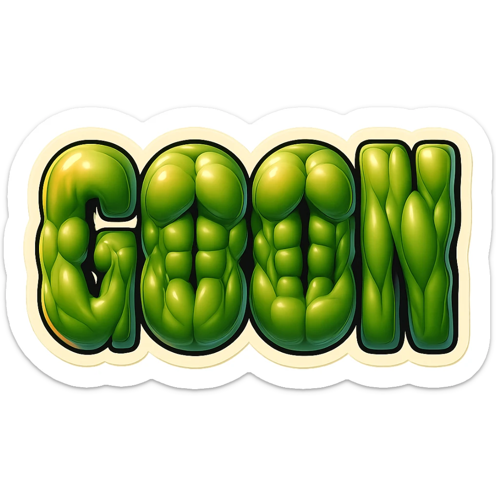 Enhance the muscles to bulge even more under the glossy, realistic skin of the word GOON. The muscle shapes should be extremely exaggerated and highly pronounced beneath the shiny skin, in retro sticker style with no background. sticker