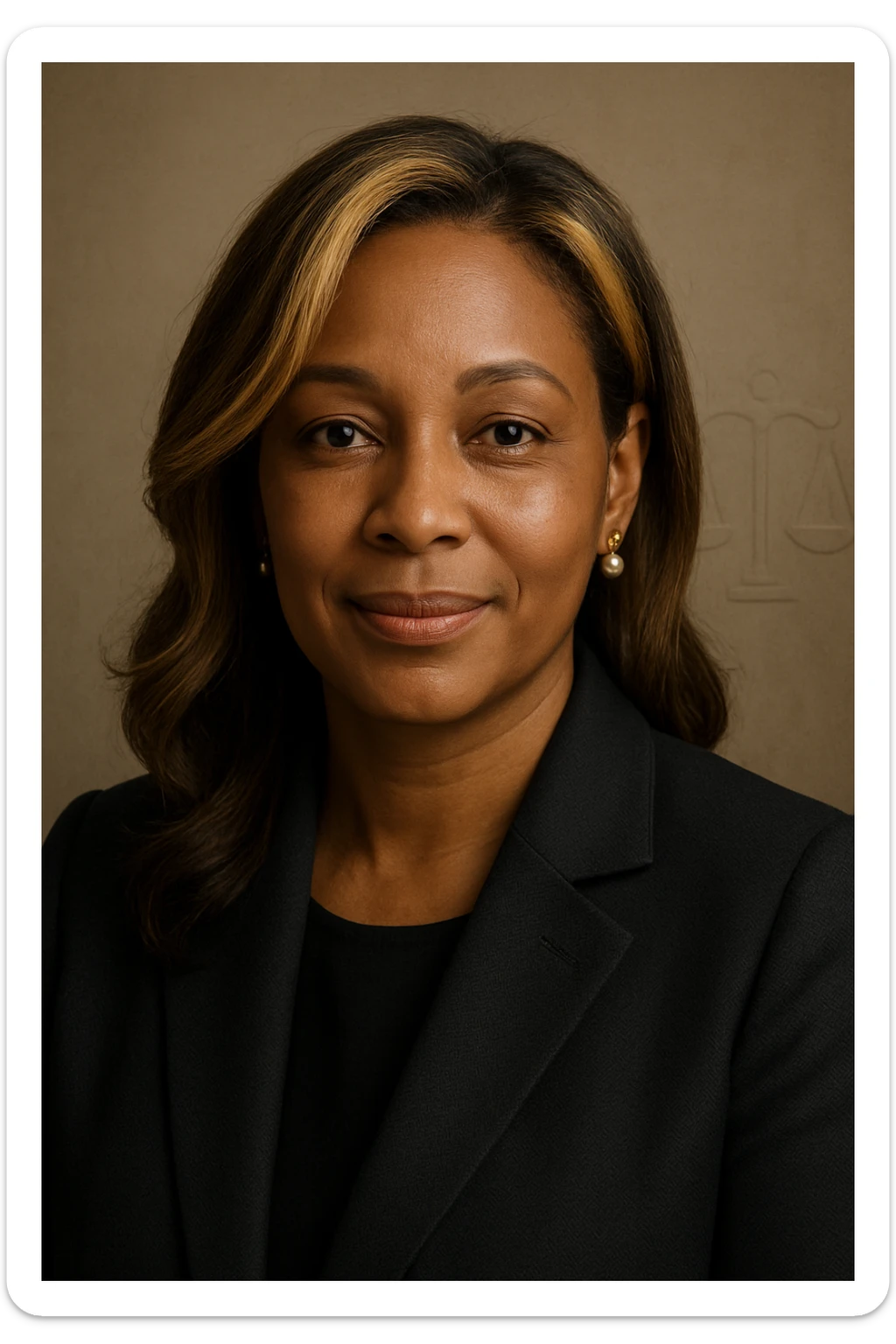 Black woman with serene and confident face, blonde hair with highlights and brunette, wearing a dark formal blazer. Warm and attentive expression with a light smile. Discreet justice symbol engraved in the background. Maternal touch: small earrings or delicate pendant. sticker