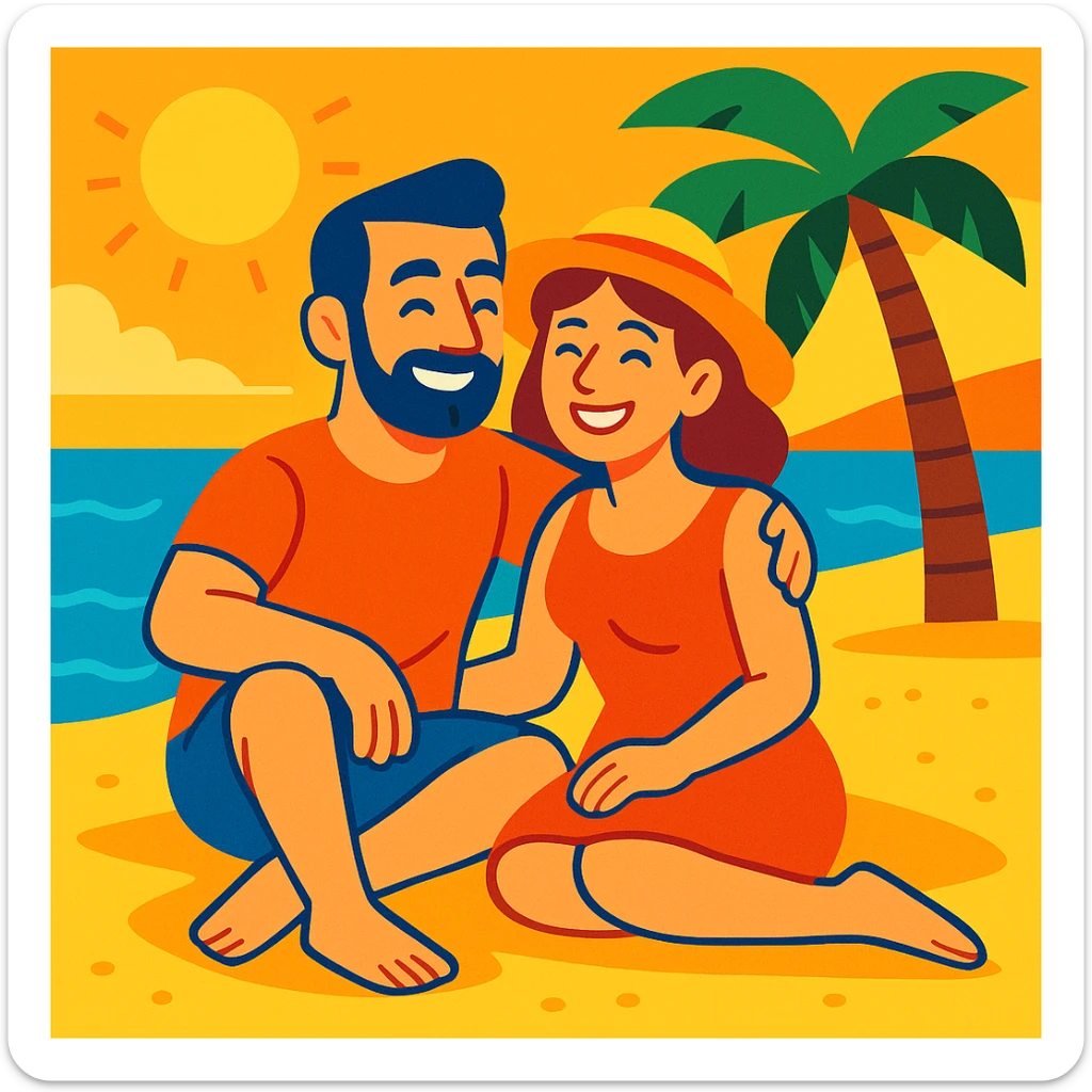 husband and wife sitting together on a sunny beach in Spain, relaxed and happy, with the sea and sand in the background, vibrant colors sticker