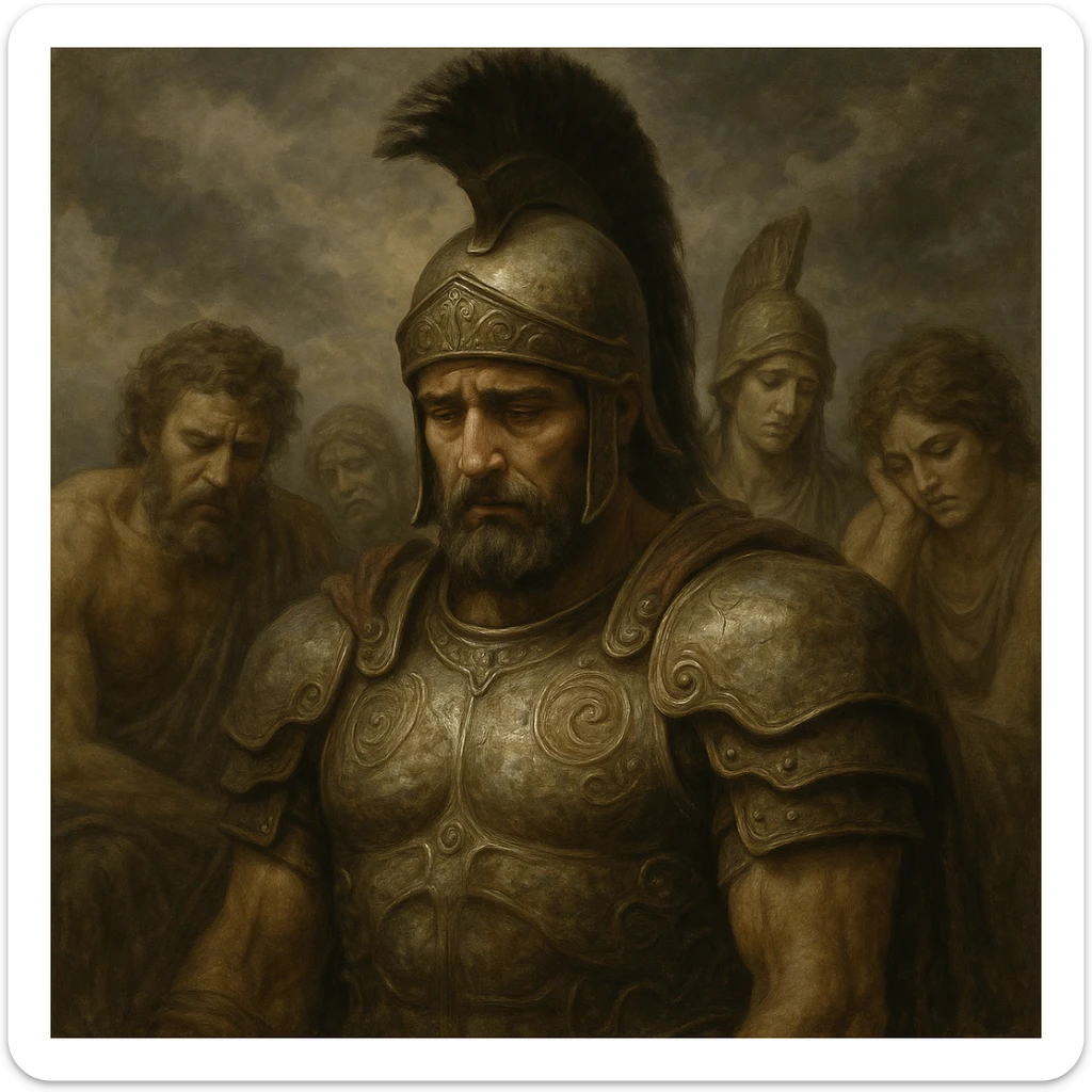 Ares, expression fatiguée des autres dieux, style semi-réaliste, armure détaillée, fond nuageux, sans texte sticker