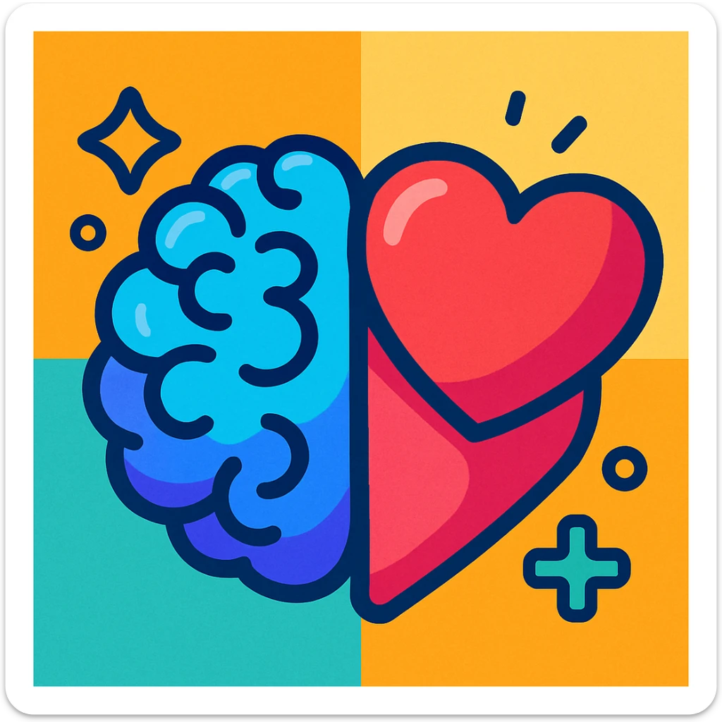 colorful illustration style, symbol of brain with heart, feeling of well-being, mental health sticker