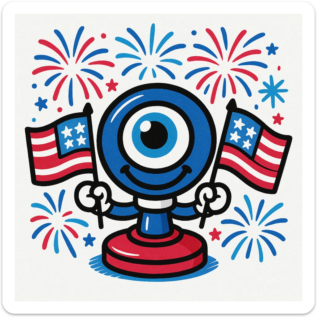 Recolor the webcam and festive elements using only the colors of the American flag: red, white, and blue, while maintaining a cheerful and festive style. sticker