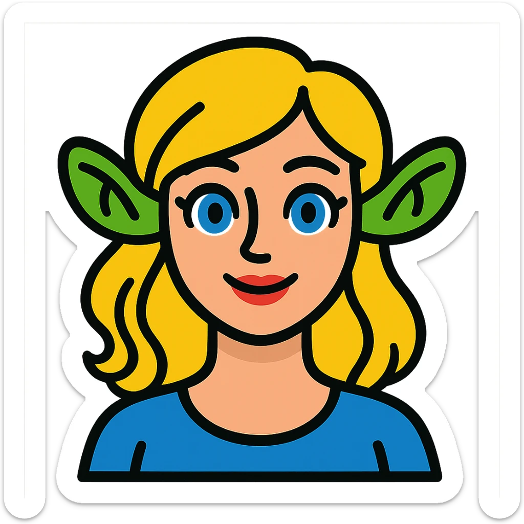 pretty girl with blonde hair, blue eyes, green ogre ears in vibrant toon style sticker