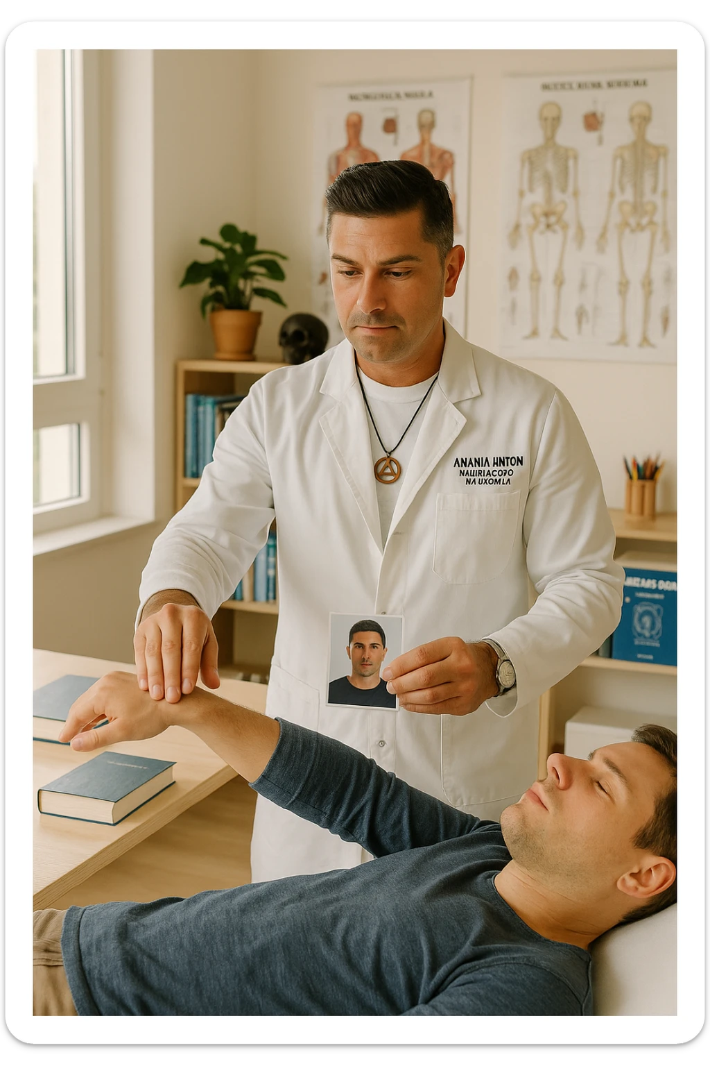 a middle-aged man, dressed in casual professional attire, is in a bright, organized therapy studio. Durante una visita di kinesiologia, il praticante tiene con una mano la foto di una persona lontana (il “testimone”) appoggiata su un tavolo, mentre con l’altra mano esegue un test muscolare su un cliente presente. Sullo sfondo si vedono libri di kinesiologia, poster anatomici e strumenti tipici della disciplina. L’atmosfera è concentrata e serena, con luce naturale che entra dalla finestra, sottolineando l’aspetto alternativo e umano della pratica. sticker