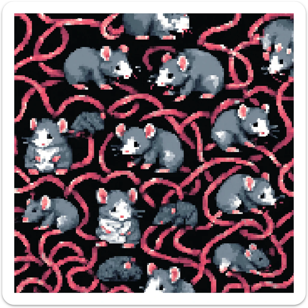 Enhance the image to show more tangled tails among the rats in a pixel art style. Emphasize the pixel art aesthetic with clear, blocky pixels and vibrant colors typical of pixel art. Increase the complexity and visibility of the tails to appear more intertwined and tangled, while maintaining the pixel art style. sticker