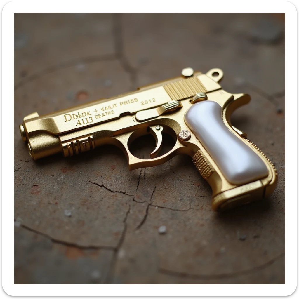 photorealistic gold pistol with a pearl handle, no heart shapes or motifs, white background sticker