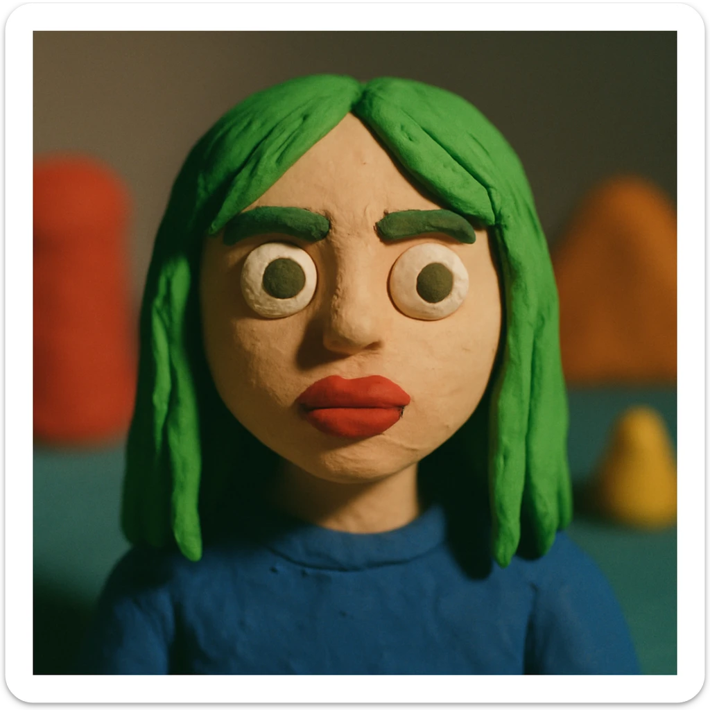 girl with green hair like Billie Eilish and red lipstick, claymation style sticker