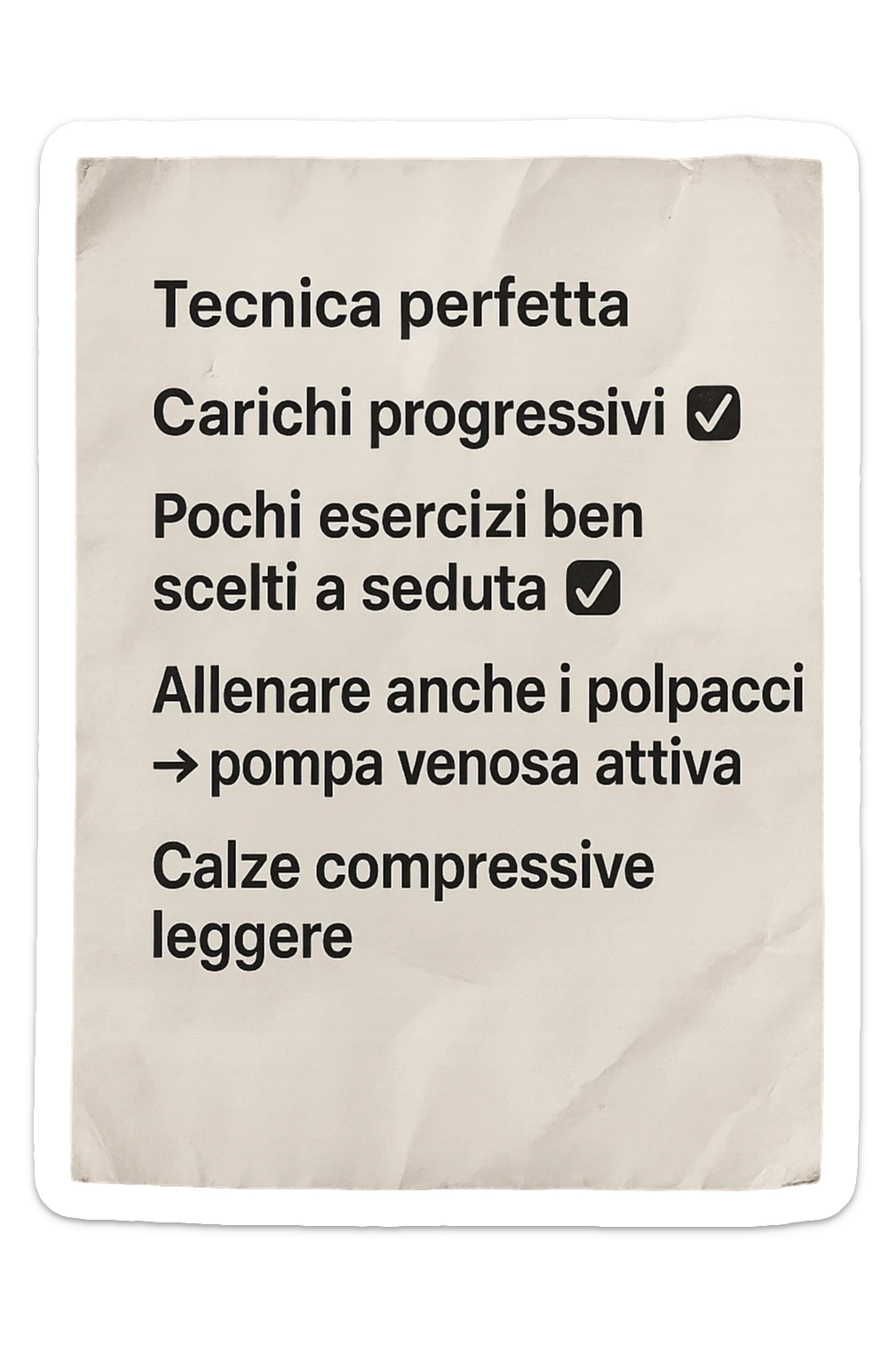 FOGLIO DI CARTA PER L'ALLENAMENTO IN PALESTRA CON LA SCRITTA "Tecnica perfetta
 ✅ Carichi progressivi
 ✅ Pochi esercizi ben scelti a seduta
 ✅ Allenare anche i polpacci → pompa venosa attiva
 ✅ Calze compressive leggere" , IPERREALISTICA 4K sticker
