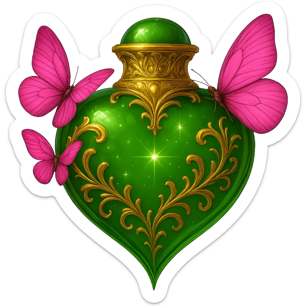 Edit the image of a crystal green heart-shaped bottle with golden details to be floating in the air with no base or shadow, on a transparent background. Butterflies should be touching and attached to the bottle as in the original image, not separate. The design remains elegant with a beautifully connected bottom, no additional elements. Maintain the crystal green heart shape with golden details and an elegant look. sticker