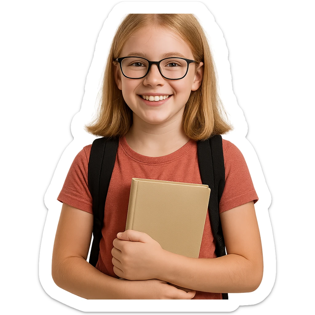 6th grade girl with blonde hair and glasses, smiling, holding a book sticker
