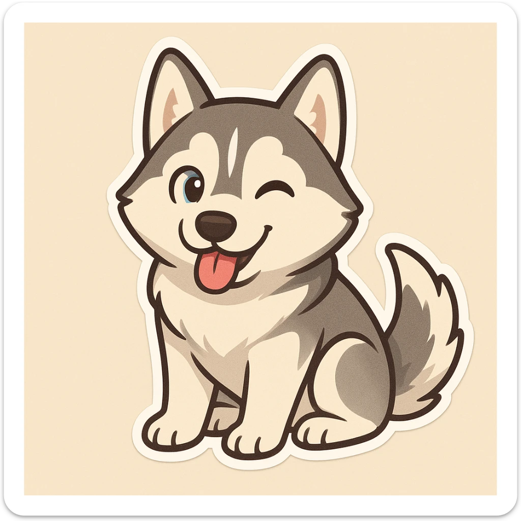 Create a chibi sticker of a playful Husky dog inspired by the right dog in the reference photo, with a simple background. sticker